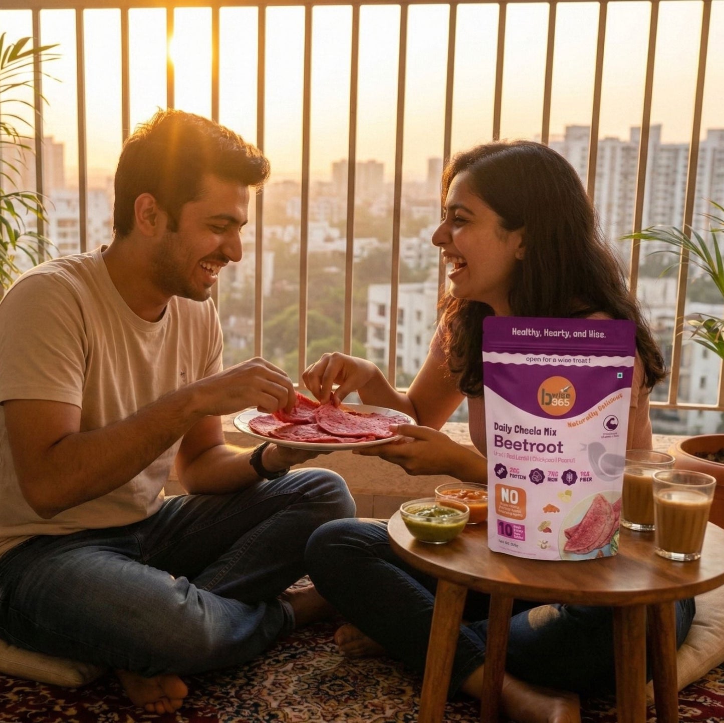 Man and woman sitting on a balcony with a sunset view, enjoying a meal together.